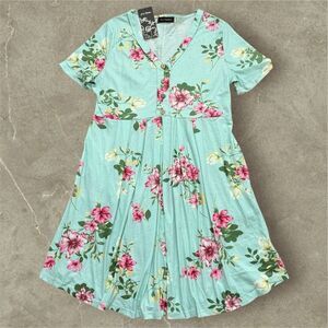 Jolie Mint Floral Fit & Flare Dress | Button Front V-Neck | Size L